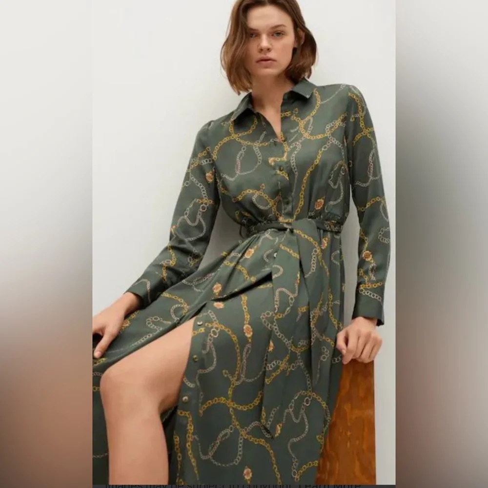 Mango Olive Green Chain-Print Midi Shirt Dress